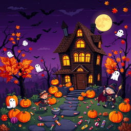 A vibrant and colorful pixel art scene celebrating Halloween, featuring a quirky haunted house with glowing windows, surrounded by whimsical jack-o-lanterns, colorful autumn leaves, and playful ghosts