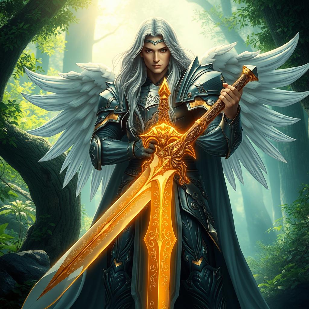 A majestic Aasimar paladin of vengeance standing tall in a mystical forest setting, his celestial armor glowing with a faint golden light