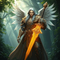 A majestic Aasimar paladin of vengeance standing tall in a mystical forest setting, his celestial armor glowing with a faint golden light
