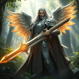 A majestic Aasimar paladin of vengeance standing tall in a mystical forest setting, his celestial armor glowing with a faint golden light