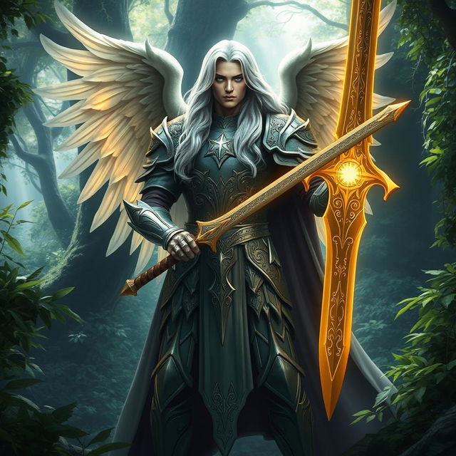 A majestic Aasimar paladin of vengeance standing tall in a mystical forest setting, his celestial armor glowing with a faint golden light