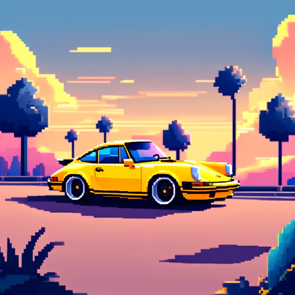 Pixel art profile picture featuring a vibrant yellow Porsche 911 against a gradient blue sky.