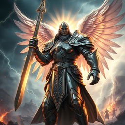 A powerful aasimar paladin of vengeance standing tall, clad in shining full plate armor that reflects light like a radiant beacon