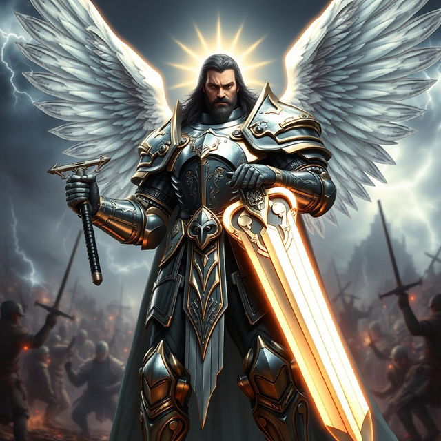 A powerful aasimar paladin of vengeance standing tall, clad in shining full plate armor that reflects light like a radiant beacon