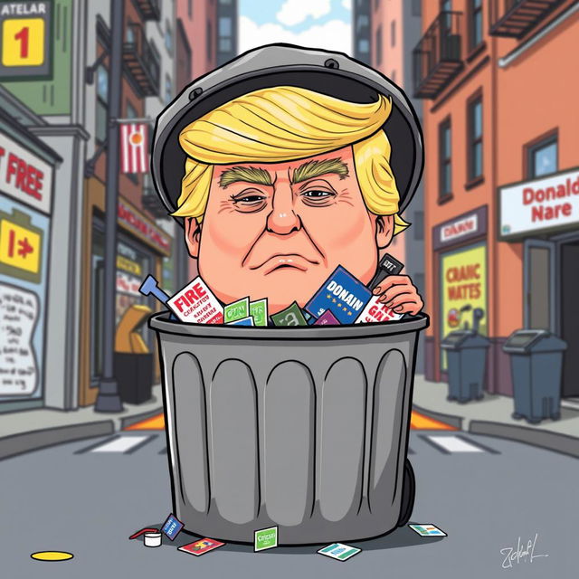 A whimsical and satirical illustration of a character resembling Donald Trump, creatively designed to appear like a trash can