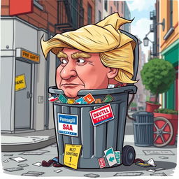 A whimsical and satirical illustration of a character resembling Donald Trump, creatively designed to appear like a trash can