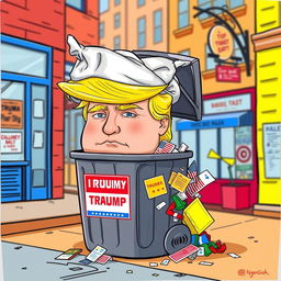 A whimsical and satirical illustration of a character resembling Donald Trump, creatively designed to appear like a trash can