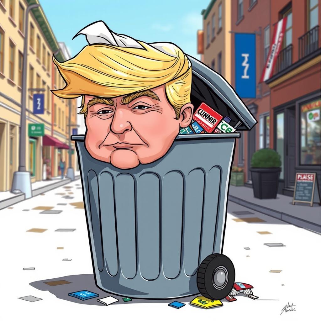 A whimsical and satirical illustration of a character resembling Donald Trump, creatively designed to appear like a trash can