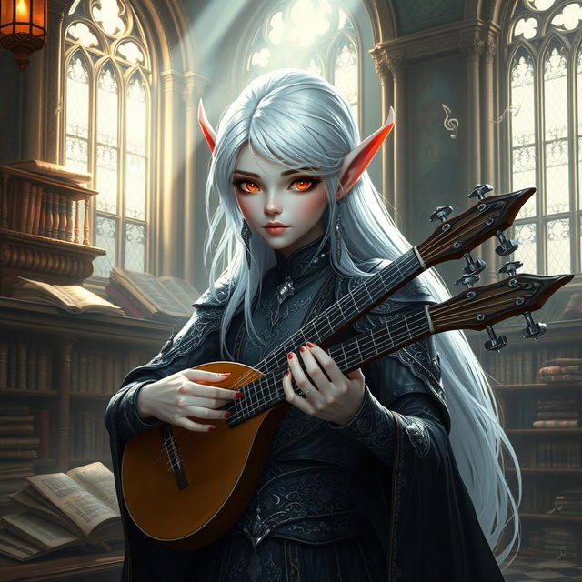 An elegant albino elf with shimmering white hair and striking red eyes, dressed in intricate, dark-toned bard attire adorned with silver accents, playing a lute