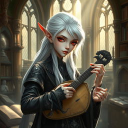 An elegant albino elf with shimmering white hair and striking red eyes, dressed in intricate, dark-toned bard attire adorned with silver accents, playing a lute