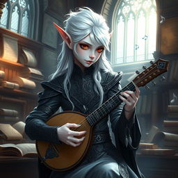 An elegant albino elf with shimmering white hair and striking red eyes, dressed in intricate, dark-toned bard attire adorned with silver accents, playing a lute