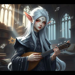 An elegant albino elf with shimmering white hair and striking red eyes, dressed in intricate, dark-toned bard attire adorned with silver accents, playing a lute