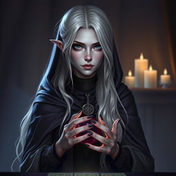 A female Half-Drow fortune teller with ashen-gray skin and long, silvery-white hair, wearing an elegant, flowing cape
