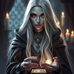 A female Half-Drow fortune teller with ashen-gray skin and long, silvery-white hair, wearing an elegant, flowing cape