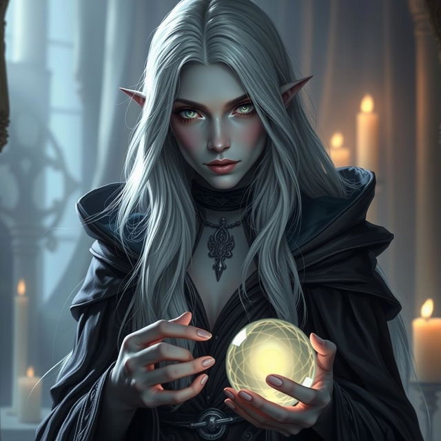 A female Half-Drow fortune teller with ashen-gray skin and long, silvery-white hair, wearing an elegant, flowing cape