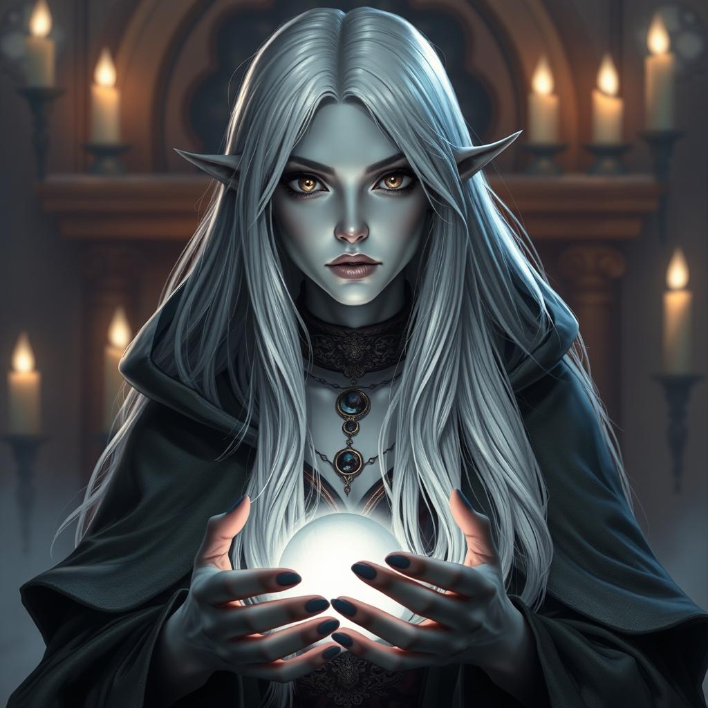 A female Half-Drow fortune teller with ashen-gray skin and long, silvery-white hair, wearing an elegant, flowing cape