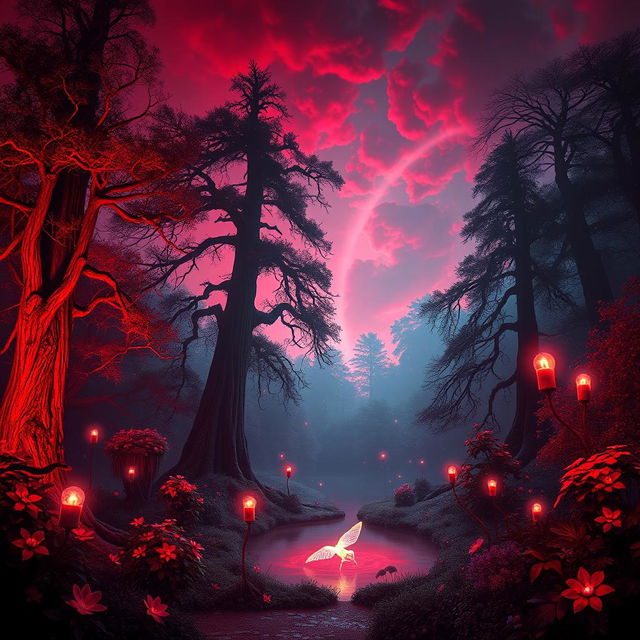 A fantastical scene illuminated by striking red lighting, showcasing a mystical forest with towering, ancient trees