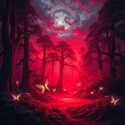 A fantastical scene illuminated by striking red lighting, showcasing a mystical forest with towering, ancient trees