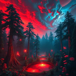 A fantastical scene illuminated by striking red lighting, showcasing a mystical forest with towering, ancient trees