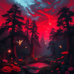 A fantastical scene illuminated by striking red lighting, showcasing a mystical forest with towering, ancient trees