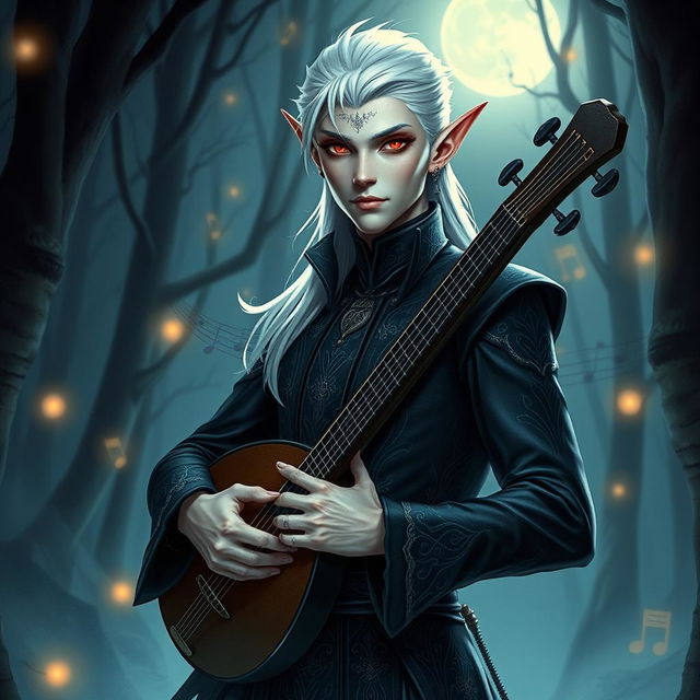 An elegant albino male elf with striking white hair and shimmering red eyes, dressed in a stylish bard outfit that features intricate patterns and a dark color palette