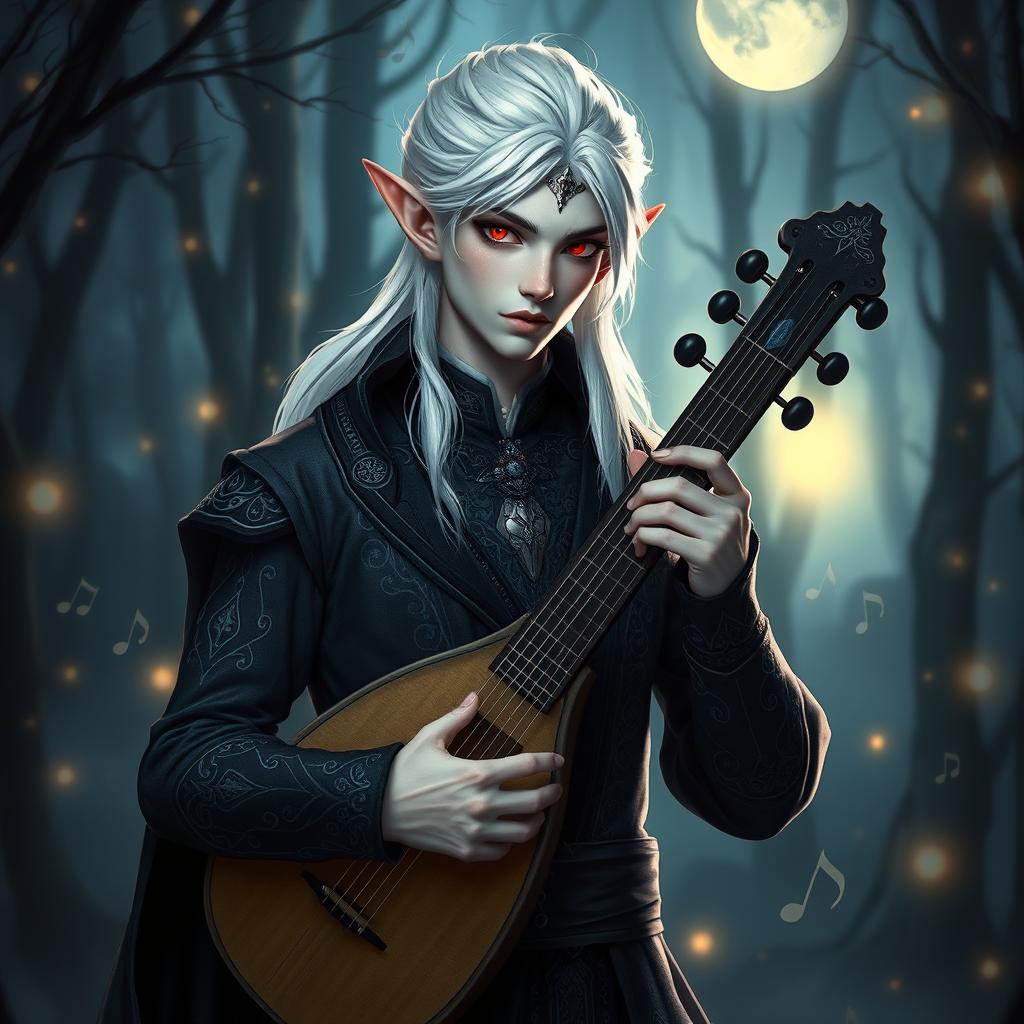 An elegant albino male elf with striking white hair and shimmering red eyes, dressed in a stylish bard outfit that features intricate patterns and a dark color palette