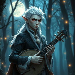 An elegant albino male elf with striking white hair and shimmering red eyes, dressed in a stylish bard outfit that features intricate patterns and a dark color palette