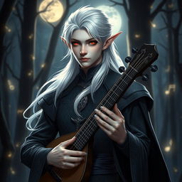 An elegant albino male elf with striking white hair and shimmering red eyes, dressed in a stylish bard outfit that features intricate patterns and a dark color palette