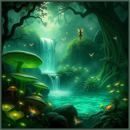 A mystical fantasy scene illuminated by ethereal green lighting, featuring a lush forest filled with oversized mushrooms and glowing plants