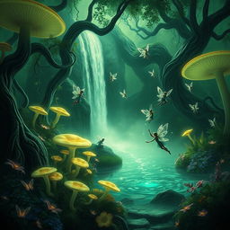 A mystical fantasy scene illuminated by ethereal green lighting, featuring a lush forest filled with oversized mushrooms and glowing plants
