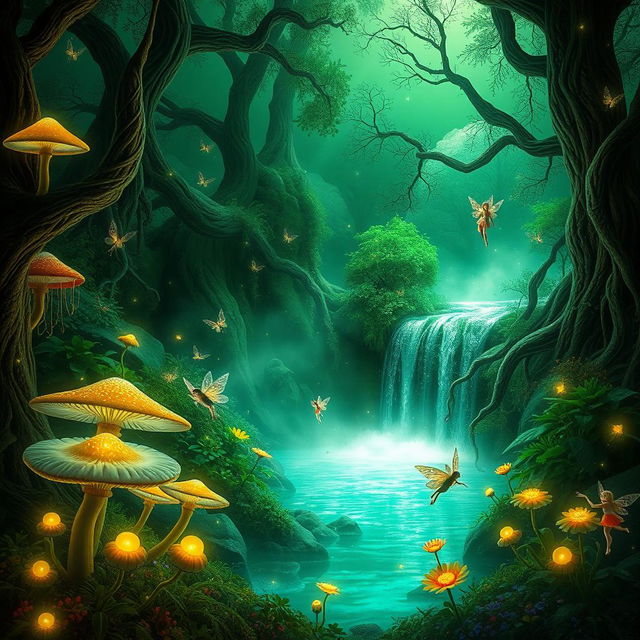 A mystical fantasy scene illuminated by ethereal green lighting, featuring a lush forest filled with oversized mushrooms and glowing plants