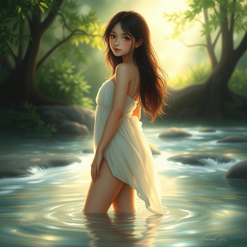 A tasteful artistic rendering of a girl standing in a serene natural setting, surrounded by soft, flowing water and lush greenery