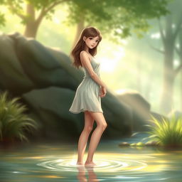 A tasteful artistic rendering of a girl standing in a serene natural setting, surrounded by soft, flowing water and lush greenery