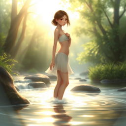 A tasteful artistic rendering of a girl standing in a serene natural setting, surrounded by soft, flowing water and lush greenery
