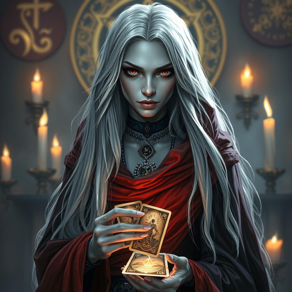 A female Half-Drow fortune teller with ashen-gray skin and long, silvery-white hair, adorned in a flowing, richly colored cape that evokes a sense of magic