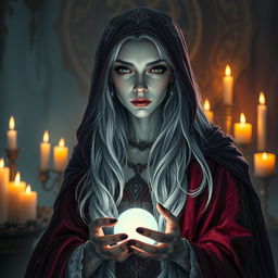 A female Half-Drow fortune teller with ashen-gray skin and long, silvery-white hair, adorned in a flowing, richly colored cape that evokes a sense of magic