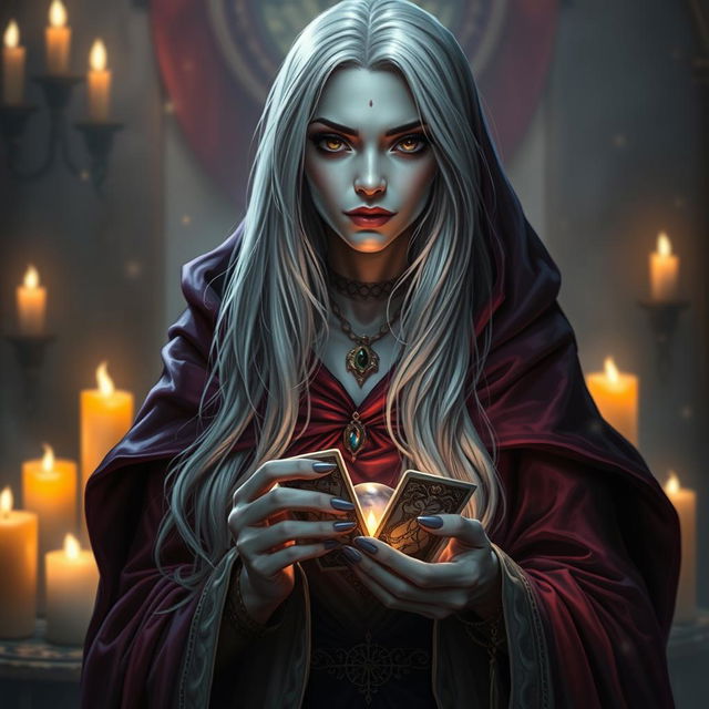 A female Half-Drow fortune teller with ashen-gray skin and long, silvery-white hair, adorned in a flowing, richly colored cape that evokes a sense of magic