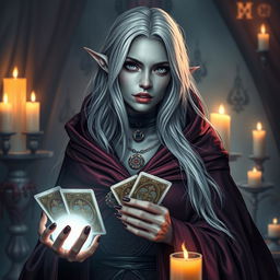 A female Half-Drow fortune teller with ashen-gray skin and long, silvery-white hair, adorned in a flowing, richly colored cape that evokes a sense of magic