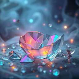A fantasy scene featuring a beautifully crafted shattered glass, with delicate shards reflecting vibrant colors of light