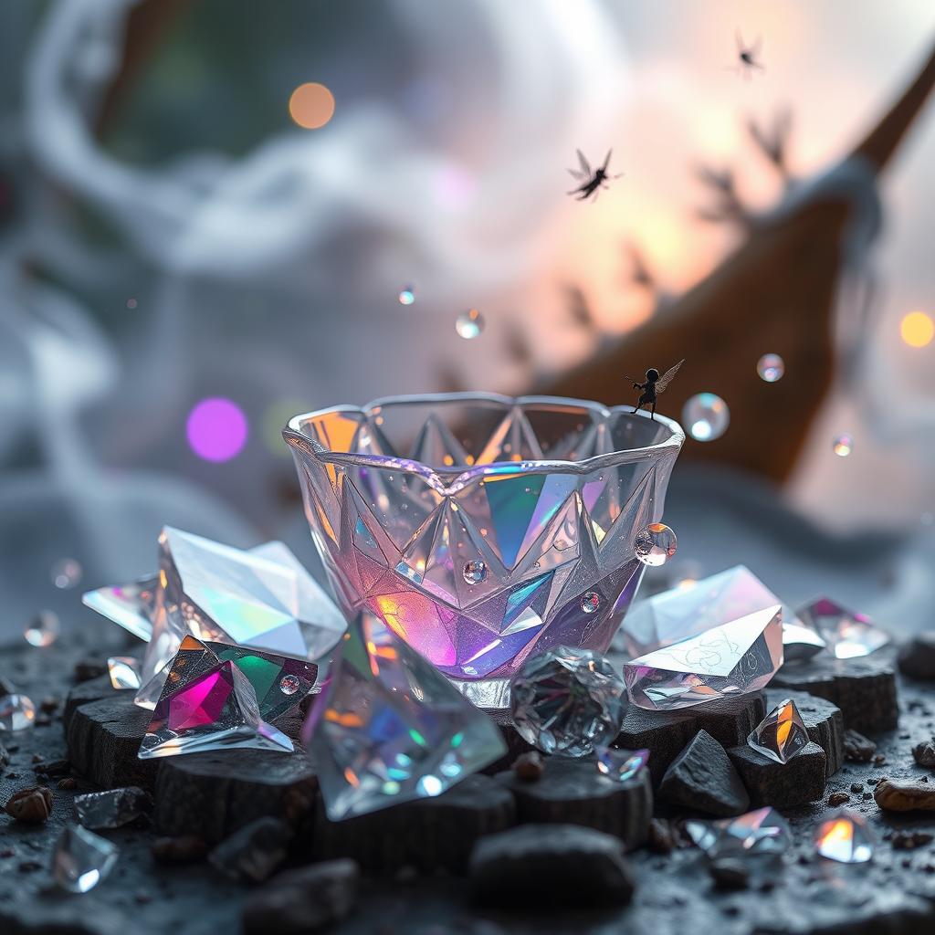 A fantasy scene featuring a beautifully crafted shattered glass, with delicate shards reflecting vibrant colors of light