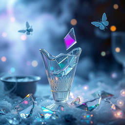 A fantasy scene featuring a beautifully crafted shattered glass, with delicate shards reflecting vibrant colors of light