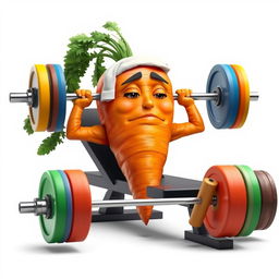 A large carrot with muscular leaves is lying on a weight bench, lifting a barbell with colorful plates