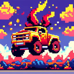 Pixel art profile picture featuring a flame-themed monster truck against a gradient blue sky.