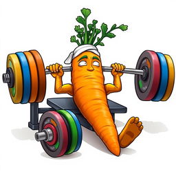 A large carrot with muscular leaves is lying on a weight bench, lifting a barbell with colorful plates