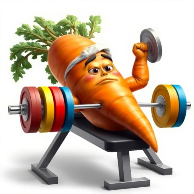 A large carrot with muscular leaves is lying on a weight bench, lifting a barbell with colorful plates