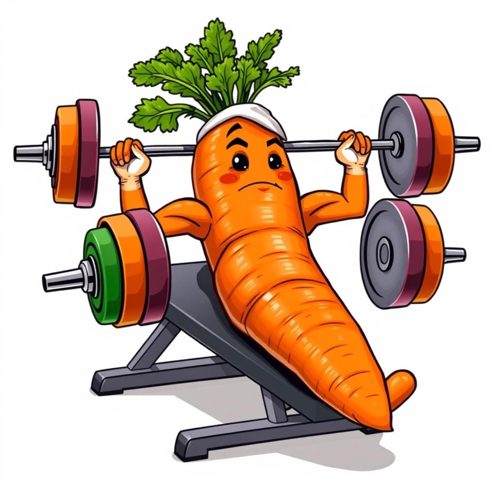 A large carrot with muscular leaves is lying on a weight bench, lifting a barbell with colorful plates