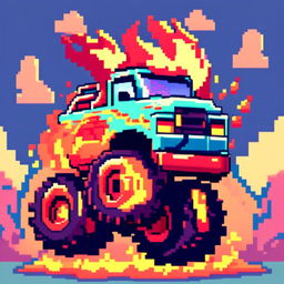 Pixel art profile picture featuring a flame-themed monster truck against a gradient blue sky.