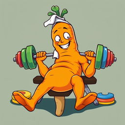 A humorous t-shirt design featuring a large, muscular carrot lounging on a weight bench, lifting a barbell loaded with colorful weight plates