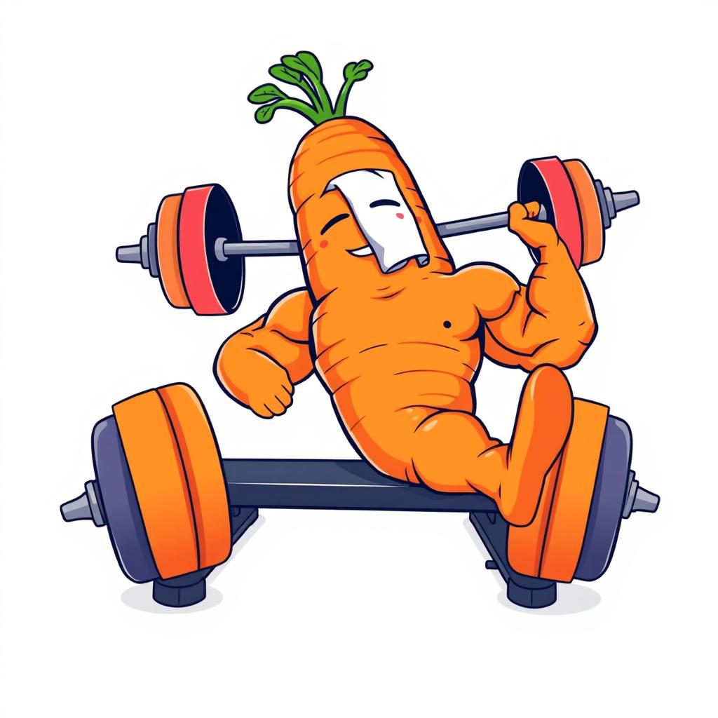 A humorous t-shirt design featuring a large, muscular carrot lounging on a weight bench, lifting a barbell loaded with colorful weight plates