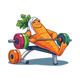 A humorous t-shirt design featuring a large, muscular carrot lounging on a weight bench, lifting a barbell loaded with colorful weight plates